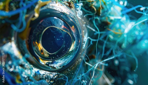 Detailed view of a fish eye surrounded by tiny microplastics in a natural water setting