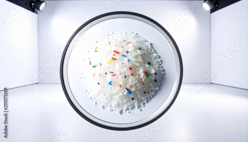 Detailed view of a single grain of sea salt amidst vibrant microplastics captured in a studio environment