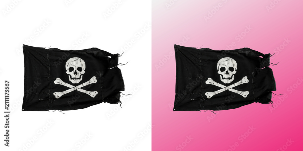 Fototapeta premium Black pirate flag in transparent background with skull and crossbones