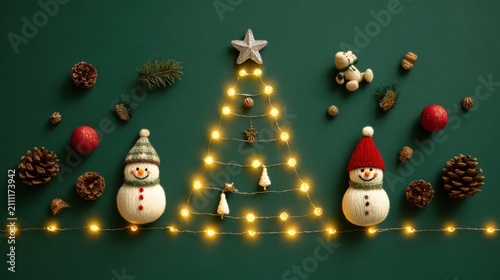Top-down flat lay Christmas scene on a deep green background, warm yellow fairy lights arranged in the shape of a Christmas tree