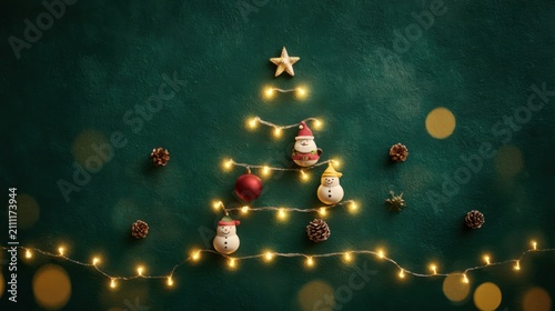 Top-down flat lay Christmas scene on a deep green background, warm yellow fairy lights arranged in the shape of a Christmas tree