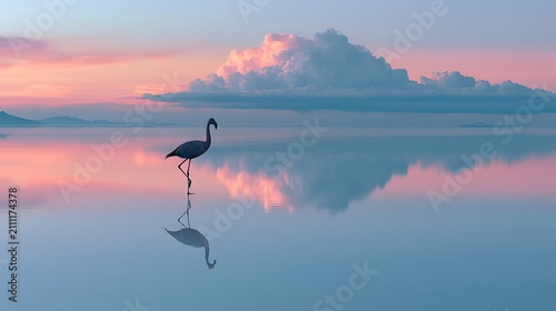 Prompt: An avant-garde minimalist artwork capturing peace. A graceful silhouette of a flamingo standing on one leg is double-exposed with the expansive, mirror-like salt flats of Salar de Uyuni, 