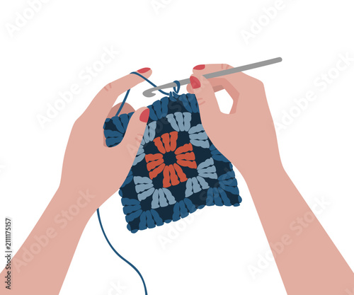 Crocheting granny square, hands holding crochet work with hook and yarn, vector illustration.