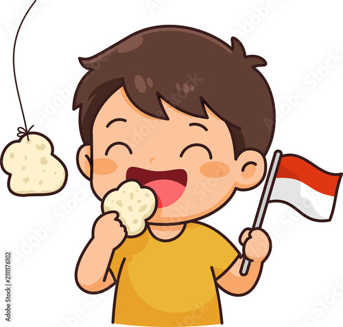 Boy Cheerfully Eats Snack Waving Indonesian Flag