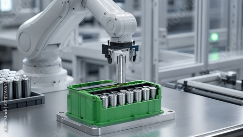 Industrial robot battery production automation factory robotic arm lithium battery assembly line green container manufacturing cleanroom precision