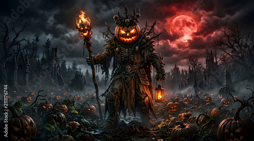 Burning Forest at Night with Halloween Pumpkin and Fiery Orange Flames Dark Autumn Trees Silhouette Vector Illustration