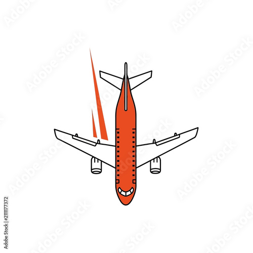 overhead view of a stylized orange airplane in flight with graphic flame elements