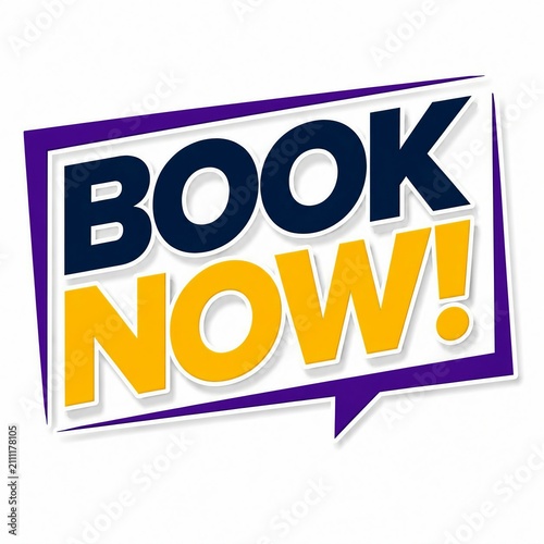 Vibrant book now speech bubble graphic design with bold typography