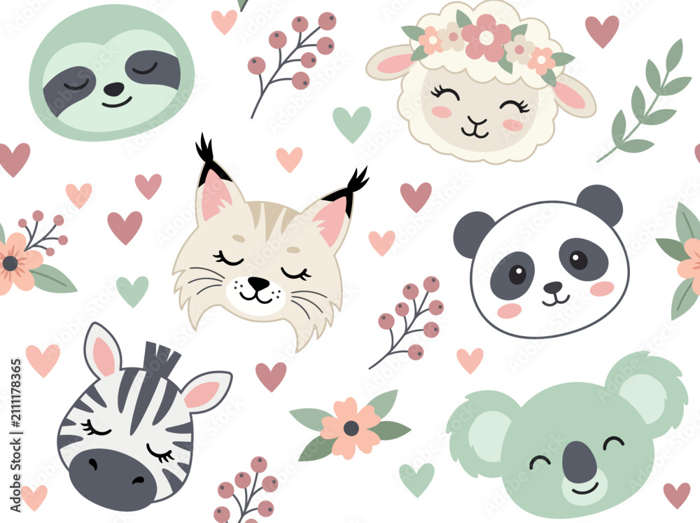 Fototapeta premium Cute Seamless Pattern with Baby Animal Faces and Floral Elements