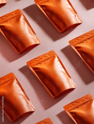 Multiple shiny orange resealable stand-up pouches arranged diagonally on a textured light pink surface.
