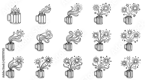 Fotografie Creative Vector Set of Mug Icons with Celebration Fireworks and Flames Line Art