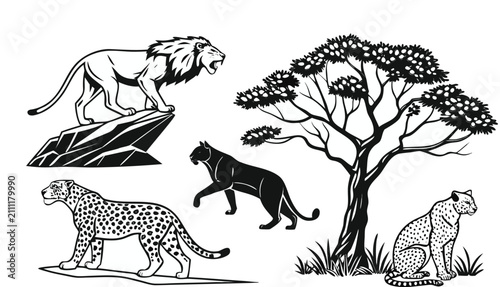 Canvas Print A comprehensive black-and-white coloring book page featuring a collection of various wild cat species arranged across a clean white background