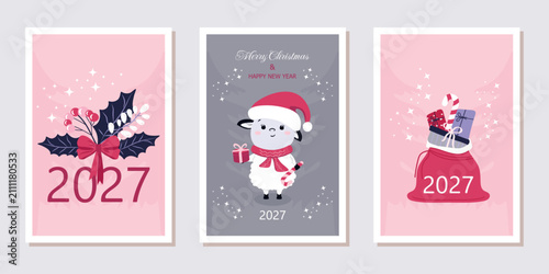 Set of winter greeting cards. Fashionable minimalist design with a funny Christmas sheep. Symbol of the year 2027. Vector template for a poster, banner, or holiday cover.