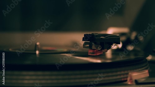 4k high resolution stock video, Close Up of DJ Turntable Playing Vinyl Record with Needle on Retro Audio Mixer for Music Entertainment and Club Party Sound Concept