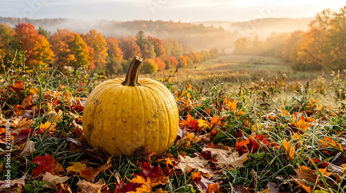 Ripe Orange Pumpkin in an Autumn Field at Harvest Season with Colorful Fall Leaves and Pumpkin Patch for Halloween and Thanksgiving Agriculture Background