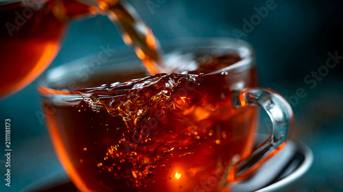 Hot aromatic black tea being poured into a clear glass teacup with tea time, beverage
