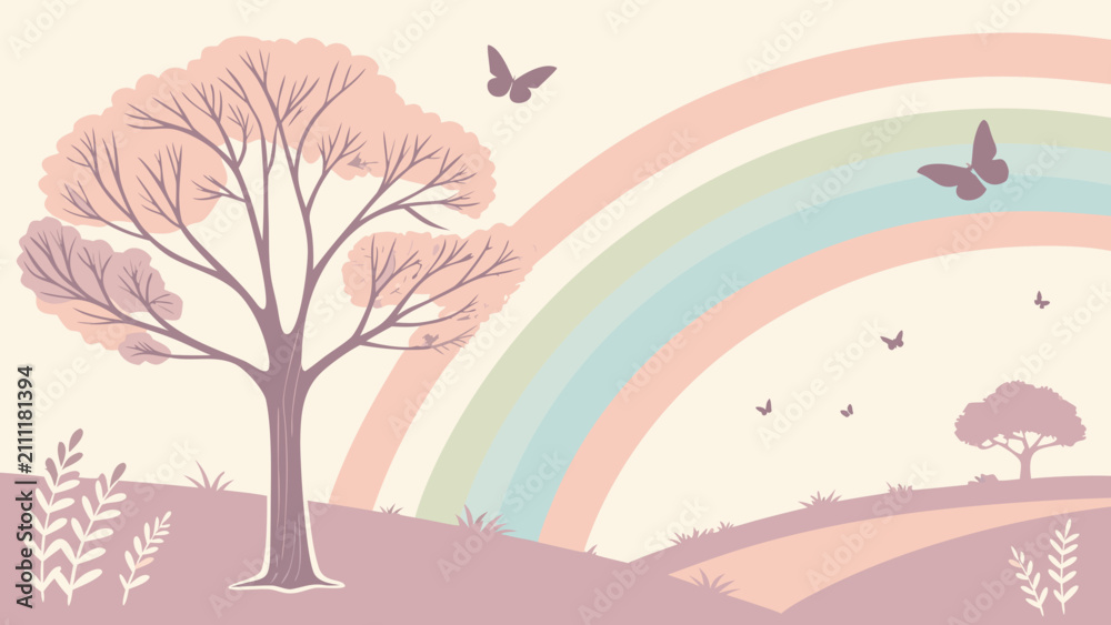 Obraz premium Tree stands prominently in a pastel landscape featuring a vibrant rainbow and delicate butterflies.