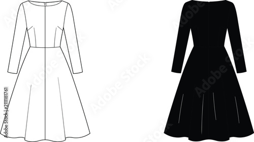 Quadro su tela Long sleeve flared midi dress with fitted waistline silhouette and line art vect