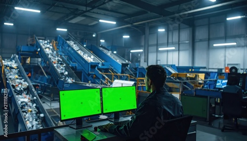 Automated Recycling Facility Control Room with Conveyor Belts and Green Screen Monitors