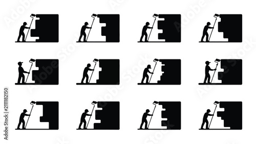Silhouette of a person painting a wall with a roller with series silhouettes depicting illustration construction maintenance decorating renovation graphic worker black white icon with tool