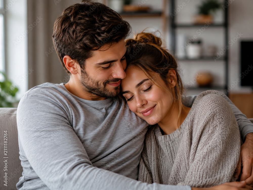Obraz premium Intimate and Comfy family love: A Couple Snuggled on the Sofa with focus on embrace cuddling living room.