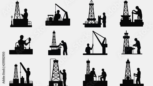 Foto Oil rig workers in various positions silhouette set with collection black silhou