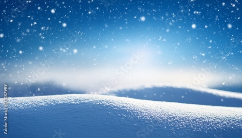 Winter Snow Background With Snowdrifts With Beautiful Light And Snow Flakes On The Blue Sky In The Evening Banner Format Copy Space