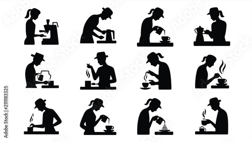 Schilderij op canvas Silhouettes of people making with coffee related activities people engaged vario