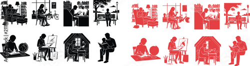 Bild auf Leinwand Professional Vector Set of People Reading and Studying in Various Indoor and Out