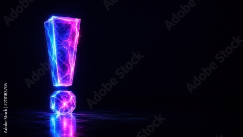 Glowing neon exclamation mark on a dark background for urgent warning concept with copy space