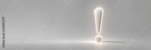 Small glowing exclamation mark on a light background for warning and notice concept, copy space for text