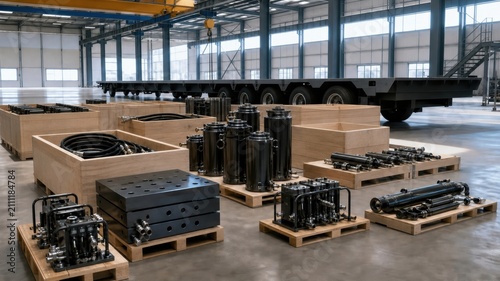 Industrial warehouse with equipment and materials organized on pallets
