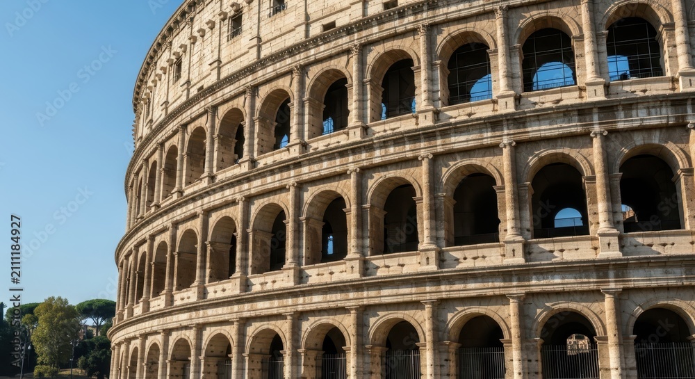 Obraz premium Majestic Exterior View of the Ancient Roman Colosseum with Arched Facade under a Clear Blue Sky in Rome, Italy