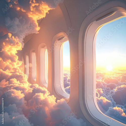 View from an airplane window at sunrise, overlooking a sea of clouds bathed in golden light.