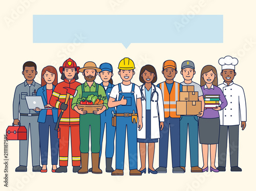 Workers from different industries stand in a row beneath a large empty blue speech bubble designed for corporate messaging or organizational mission statements about professional diversity.