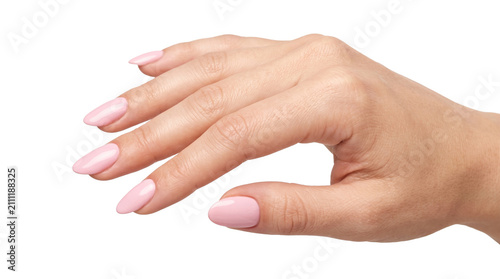 Fotografie Female hand with pink almond shaped manicure showing healthy skin and professional beauty salon nail care