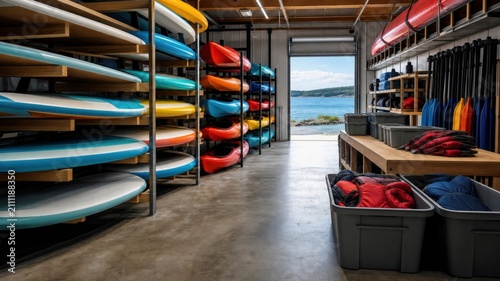 Kayak and paddleboard rental shop near water with kayaks and gear stored inside