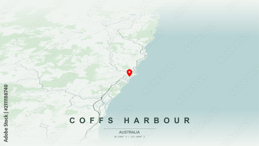Obraz premium Minimalist vector map of Coffs Harbour, New South Wales. High-quality scalable illustration of Coffs Harbour geographic boundaries along Coffs Creek contours, Jetty Beach coastline for posters design.