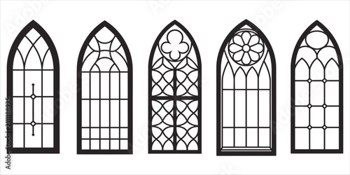 Tableau sur toile Collection of five distinct black gothic arched window silhouettes with intricat