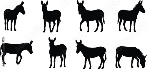 Foto Eight black silhouette of donkeys in various poses and movements, including stan