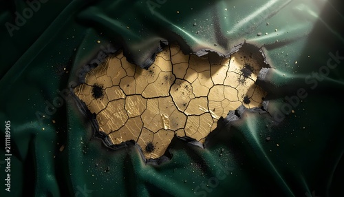 Scorched emerald velvet peeled away to reveal cracked antique gold leaf beneath, creating a dramatic luxury texture blending elegance, decay, and rich tactile detail.
