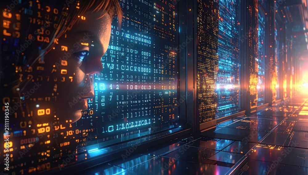Fototapeta premium Human profile observing digital data matrix and binary code.