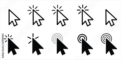 Foto Ten arrow cursor in black and white, depicting various states of interaction and
