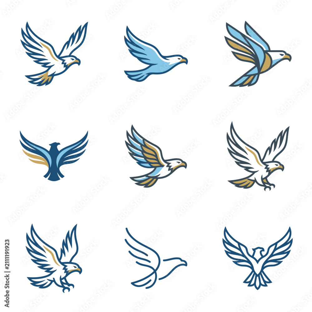 Fototapeta premium Stylized eagle and hawk bird logo icon set