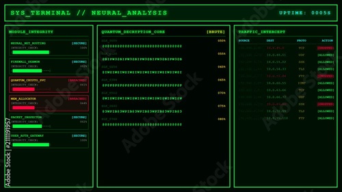 System Terminal Neural Analysis Quantum Decryption Hacker Animation Firewall Breach Loop Background.
