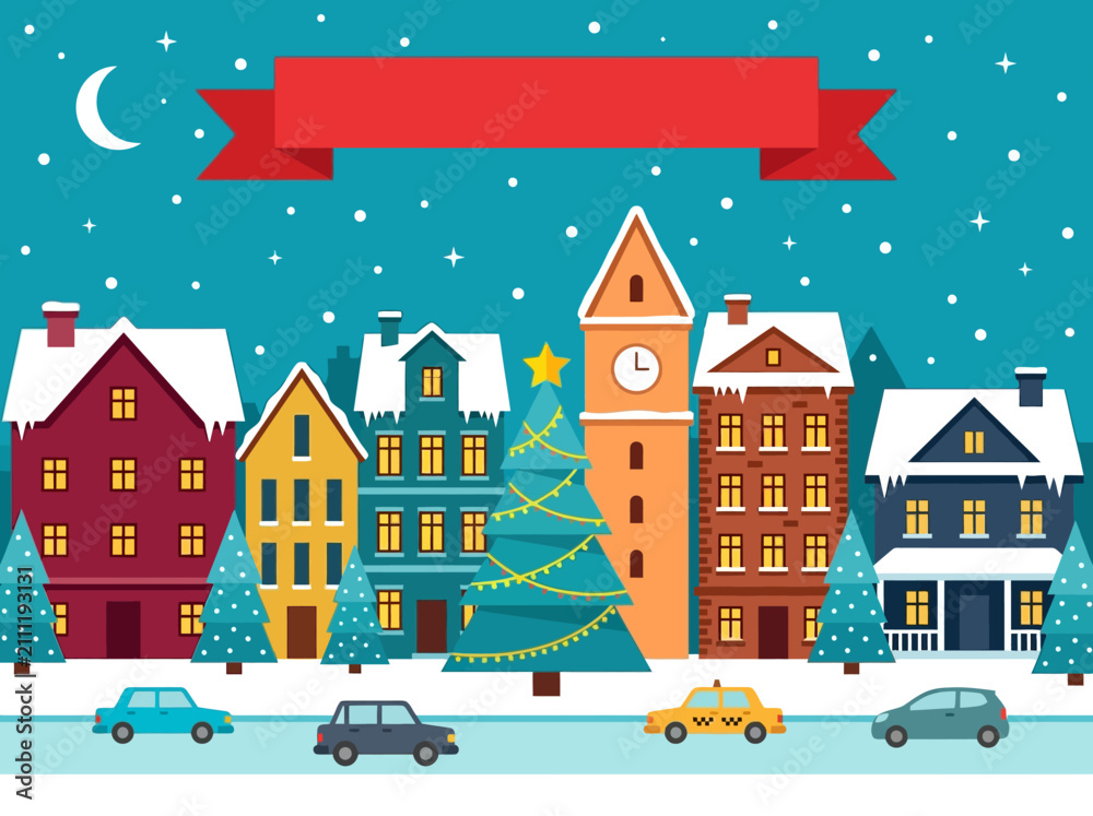 Naklejka premium Festive Christmas Town Flat Illustration with Red Ribbon Banner