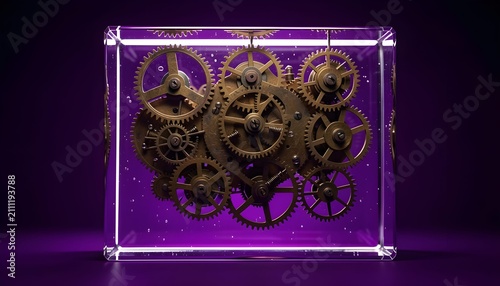 Antique brass gears suspended inside crystal-clear violet resin create a luxurious abstract background blending timeless craftsmanship with futuristic materials and scientific precision.
