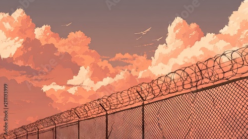 Anime sunset sky with clouds and chain link fence.