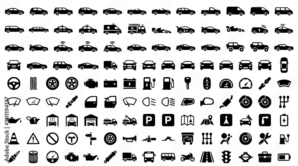 Obraz premium Black Car Icons Set with Modern Vehicle Transportation and Automotive Symbols Vector Collection