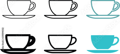 Foto Set of six different coffee cup and saucer icon designs in various line and soli